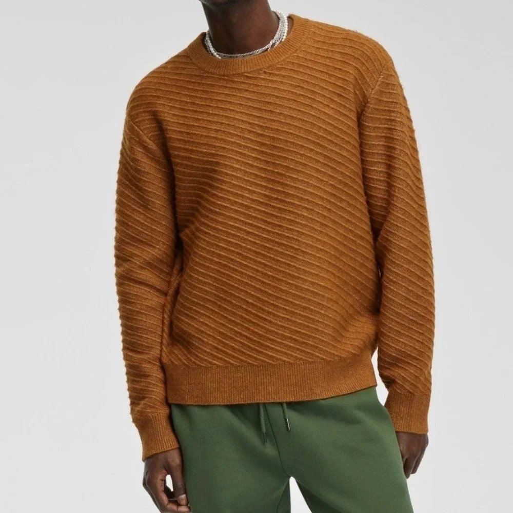 Mode of One Mens Relaxed‎ Fit Diagonal Texture Sweater French Vicuna Brown Small